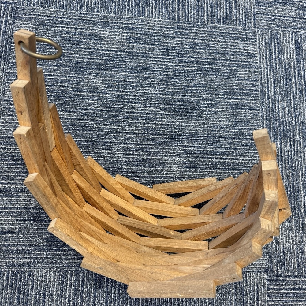 Vtg Mid Century Modern Geometric Wood Block Crescent Moon Hanging Plant Basket